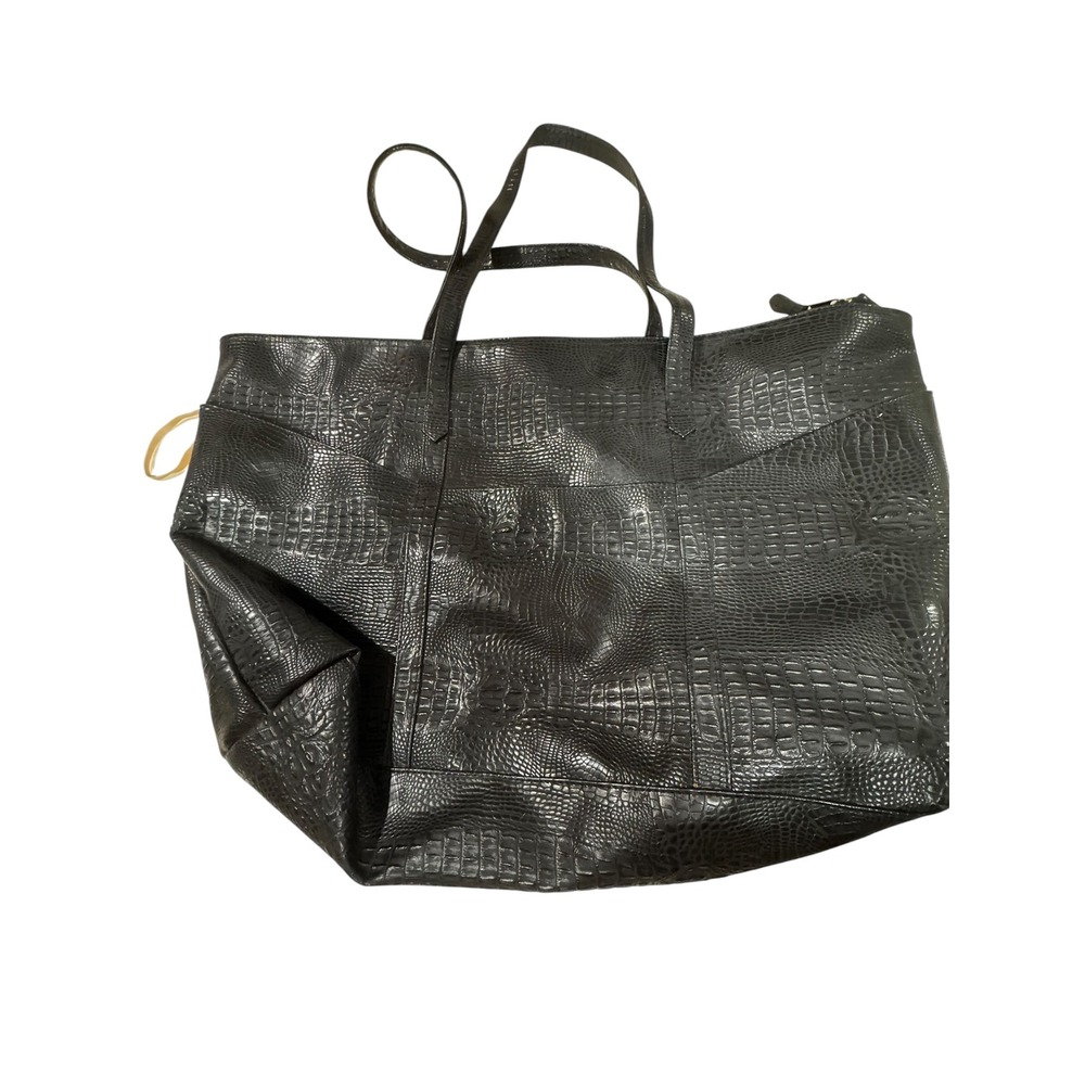Large Black Croc Embossed Vegan Leather Tote Bag Gold Zip Double Handle